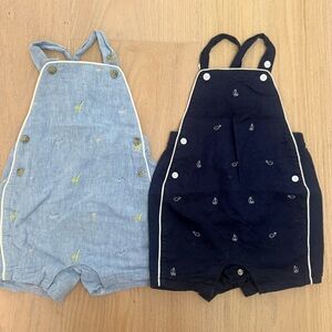Janie and Jack Blue Chambray and Navy Embroidered Reversible Bib Rompers